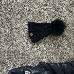 Moncler Dark Blue Knit Beanie with Pom-Pom
